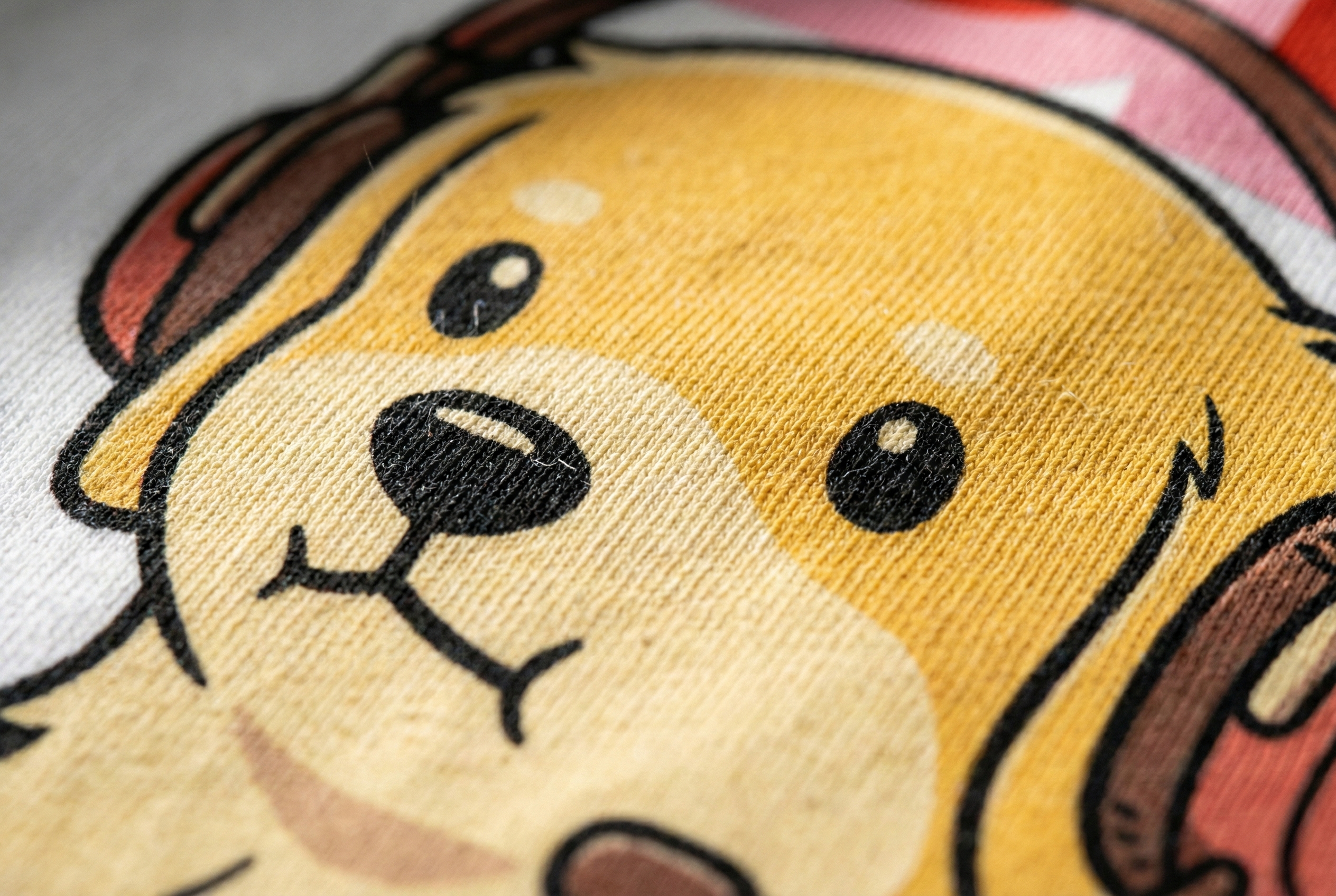 Close-up of a cartoon dog face design on fabric