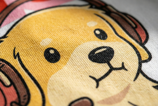 Close-up of a cartoon dog face design on fabric
